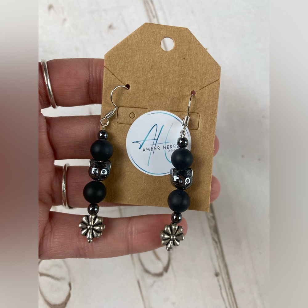 Black Bead Dangle Earrings